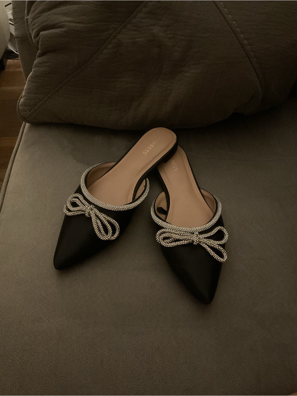 Express Black Pointed Slip-On Mules with Crystal Bow Trim